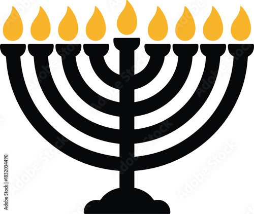 Black menorah with nine yellow flames hanukkah jewish