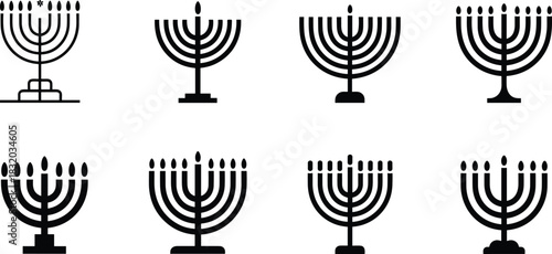 Collection of black menorah icons with varying designs