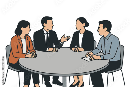 Group of four professionals engaged in a discussion at a round table in a modern office setting
