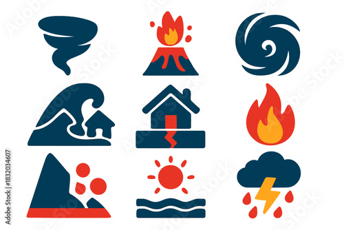 Different types of natural disasters represented with simple icons showing tornadoes, volcanoes, hurricanes, and floods