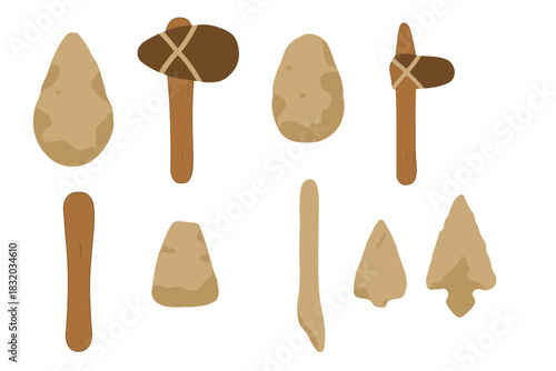 Collection of prehistoric stone tools displayed on a white background, showcasing different shapes and sizes in simple design
