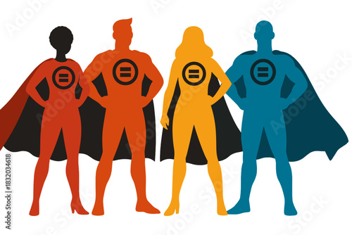 Superheroes assemble in colorful capes representing unity and strength against injustice and inequality