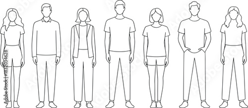 Outlined human figure illustration, casual attire, demographic diversity, standing pose, minimal design, vector people, stock image, group concept