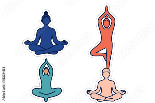 Colorful yoga stickers featuring meditative poses and balance themes in a vibrant design for wellness enthusiasts
