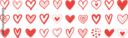 Collection of red hand drawn hearts with various patterns