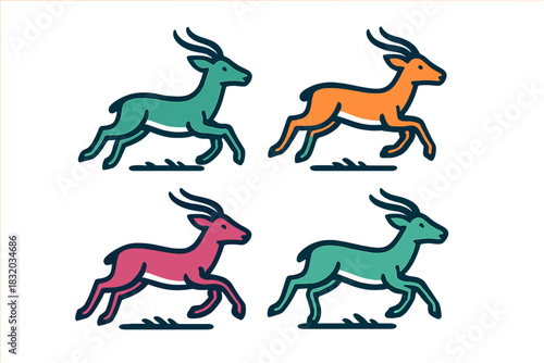 Colorful depictions of running antelopes in four different shades in a stylized design