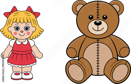 Cartoon doll and teddy bear, classic children toys, cute playtime icons, childhood fun characters, flat vector illustration