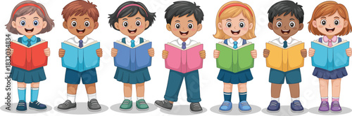 Cartoon school children reading colorful books in uniform, cheerful learning scene, education concept, flat vector illustration, isolated view
