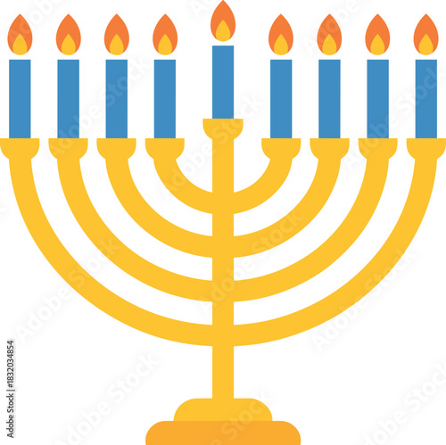 Yellow menorah with nine blue candles and orange flames