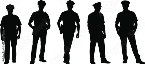 Police officer silhouettes, law enforcement poses, black uniform vector, patrol icons, security personnel graphic, authority figure illustration