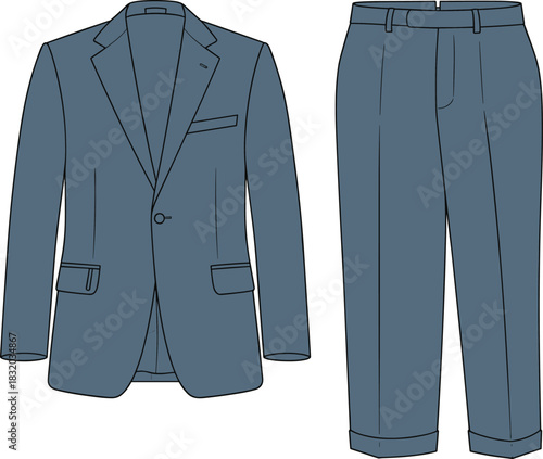 Classic men’s suit jacket and trousers set in formal businesswear style, stylish tailored clothing for fashion design templates, flat vector illustration