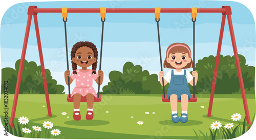 Children on playground swings, outdoor playtime scene, joyful kids in nature, summer recreation moment, happy childhood activity, flat vector illustration