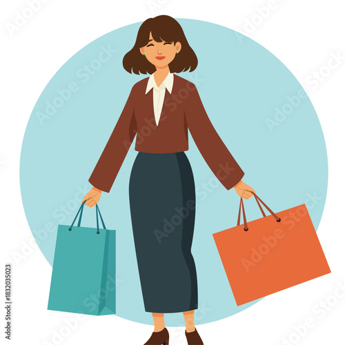 Illustration of a girl walking with shopping bags