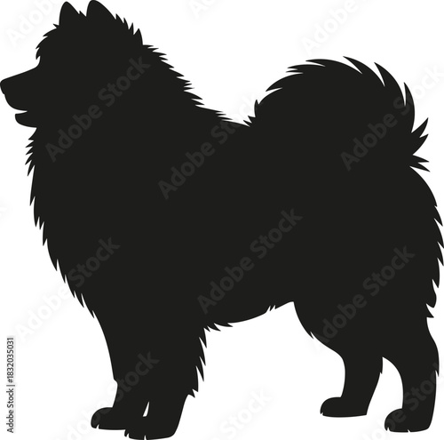 Fluffy dog silhouette, spitz breed profile, Pomeranian canine icon, curled tail pet figure, furry animal shape, flat vector illustration