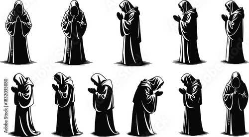 Hooded monk prayer poses, spiritual silhouette set, contemplative robe figures, religious meditation icons, solemn gesture collection, flat vector illustration