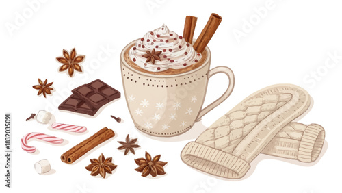Christmas still life of a mug filled with whipped cream and cinnamon sticks with winter treats