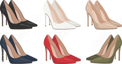 High heel shoe set, fashion footwear collection, stylish stiletto design, color variation display, elegant women’s shoes, flat vector illustration