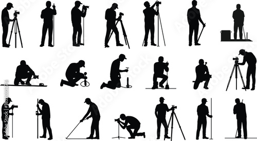 Surveyor silhouette set, land measurement icons, fieldwork posture collection, theodolite and tripod figures, mapping activity shapes, flat vector illustration