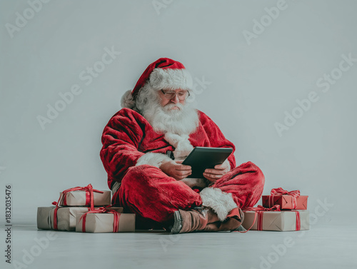 Modern Santa Claus in a vibrant red suit, sitting on the floor surrounded by colorful wrapped gifts, engaging with a tablet, embodying contemporary holiday spirit and technology