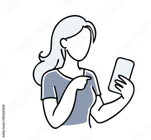 Woman holding smartphone pointing at screen illustration
