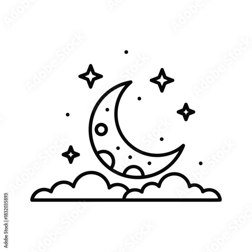 Crescent Moon, Stars, and Clouds Line Art Icon