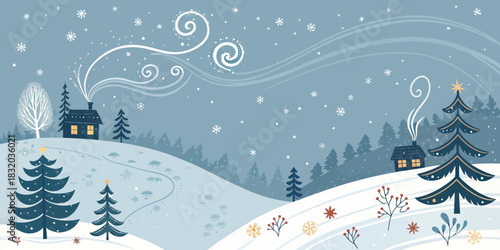 Christmas winter landscape with snow covered hills christmas trees and cozy cabins scene art