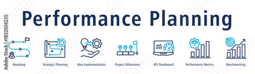 Performance Planning web banner icon vector illustration concept with icon of roadmap, idea implementation, project milestones, KPI dashboard, performance metrics, benchmarking, and planning.