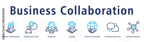 Business collaboration web banner icon vector illustration concept with icon of business collaboration, collaboration tools, teamwork, synergy, external partnership, and communication flow.