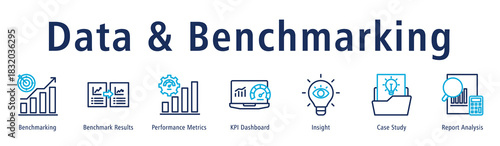 Data and benchmarking web banner icon vector illustration concept with icon of benchmarking, benchmark results, performance metrics, KPI dashboard, insight, case study, and report analysis.