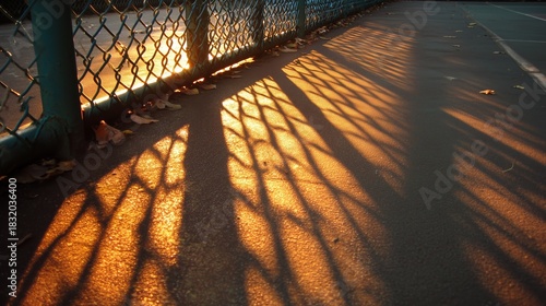 Fototapeta Naklejka Na Ścianę i Meble -  Sunset shadows create patterns on the ground near a fenced area in a park setting