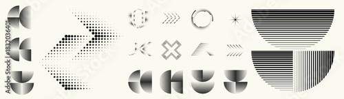 Geometric linear dots and lines set - modern deform semi circles and segmented circles for branding and layout design . Toolkit collection , for modular design projects. Vector
