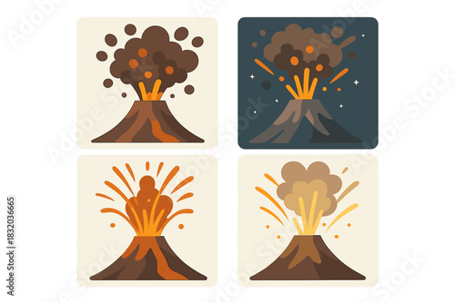 Different stages of a volcanic eruption depicted in a colorful illustrated format