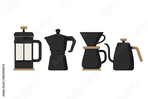 Collection of black coffee brewing equipment arranged neatly on a white background for coffee enthusiasts and baristas