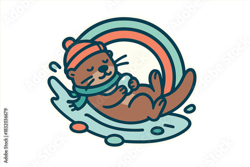 Cute otter enjoying a winter slide on a colorful swirl while wearing a cozy hat and scarf