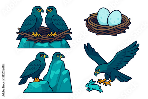 Eagles nesting with eggs and hunting in a natural setting during daytime