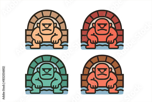 Illustrations of a character sitting near water in different colors and styles showcasing expressions and moods