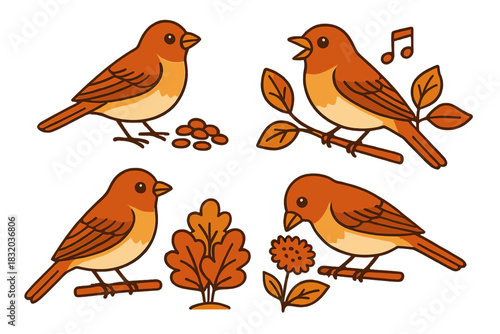 Colorful birds engaged in various activities among leaves and flowers during a serene afternoon