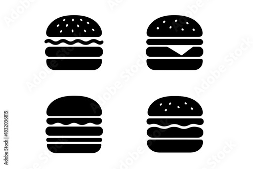 Four different burger icons showcased in a simple black and white design, highlighting variety and simplicity