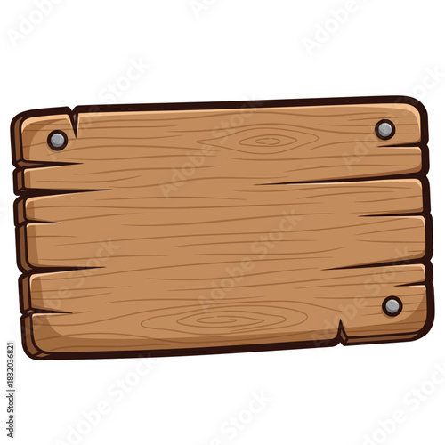 Cartoon-style rectangular wooden sign made of cracked planks held together by four metal rivets.