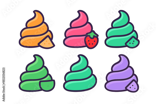 Colorful swirls of soft serve ice cream in various flavors displayed in a fun and appealing design