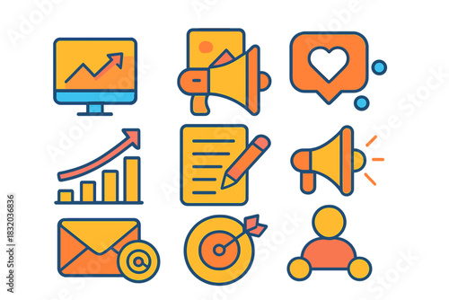 Various colorful icons representing digital marketing tools and strategies for social media engagement and analysis