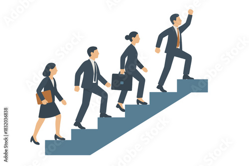 Business professionals advancing up the stairs towards success during a team meeting session