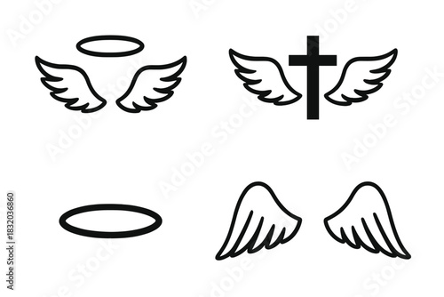 Illustrations of angel wings, halos, and crosses designed in black outline style on a white background