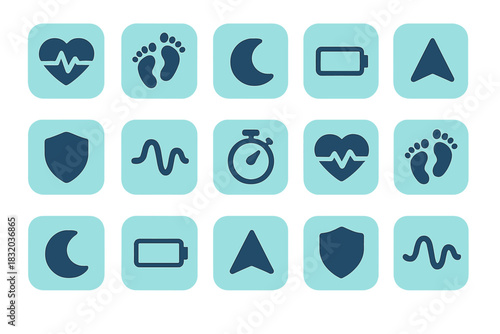 Health and fitness icons in different colors showing various aspects of wellness and activity tracking
