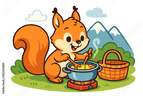 Squirrel cooking soup in a pot outdoors near mountains with a picnic basket
