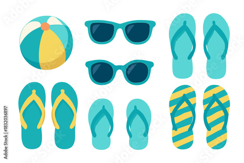Summer beach essentials including sunglasses, flip flops, and a colorful beach ball laid out on a white background
