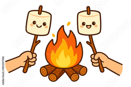Cute hands holding marshmallows over a cheerful campfire amidst logs for outdoor fun