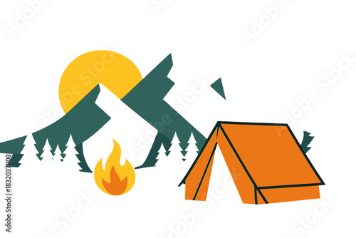 Camping scene with a tent, campfire, sun, and mountains during a bright day in a natural setting