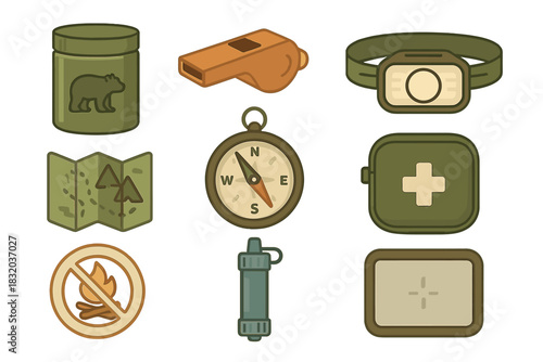 Essential outdoor gear including a bear canister, compass, and first aid kit for camping and hiking adventures