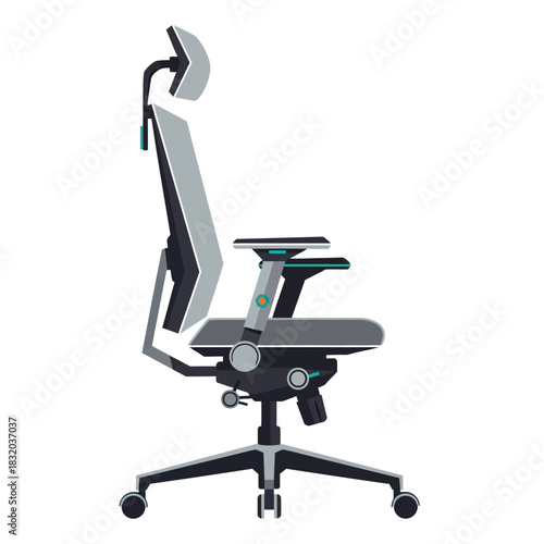 Modern ergonomic office chair in grey and black with an adjustable headrest and armrests, shown in a side profile view.